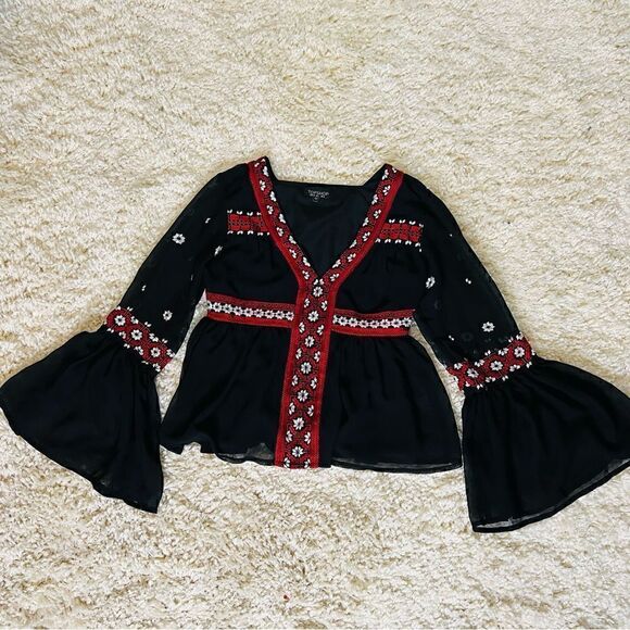 Topshop black embroidered style boho long sleeve top size US 2 - Picture 6 of 11